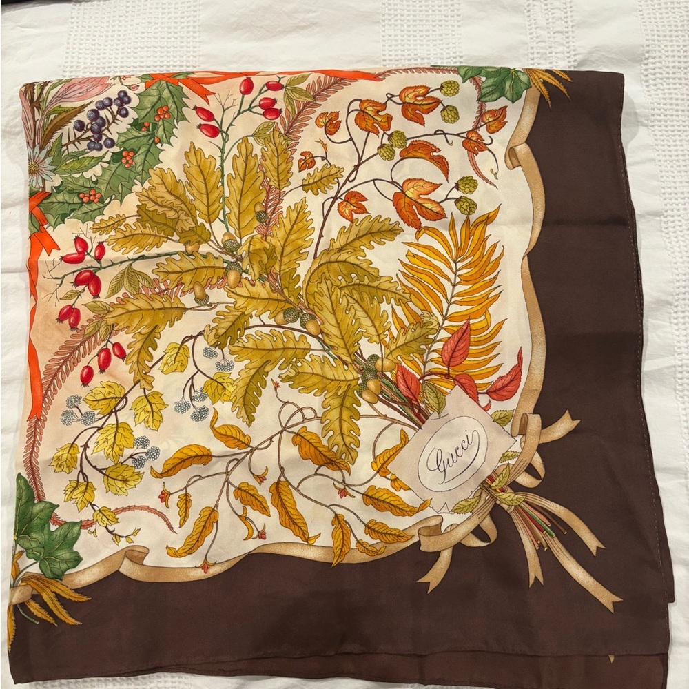 Gucci Botanical Silk Scarf with Brown and Orange Accents